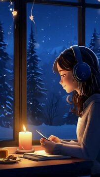 Pastel Cozy Lofi Beautiful Anime Girl Listening to Music with Headphones in Front of a City Skyline at Night, 2D flat anime-style 4k lofi animation video
