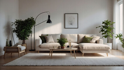 Bright living room with a white sofa, floor lamp, and green plant on wooden laminate. Scandinavian style, cozy interior.