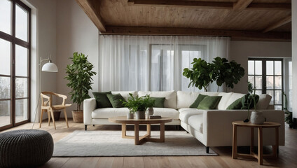 Bright living room with a white sofa, floor lamp, and green plant on wooden laminate. Scandinavian style, cozy interior.