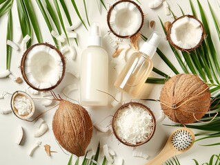 Fototapeta na wymiar set of coconut products for hair care offers a luxurious and nourishing experience to promote healthy and vibrant hair. It typically includes 