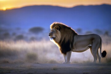 'lion sunset big african silhouette landscape adult king mane forest animal safari africa...