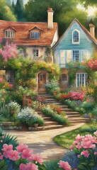 Fototapeta na wymiar Country Style House with Garden