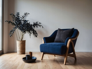 Charcoal Armchair with Indigo Plant in Sunny Room with Off-White Wall and Ash Parquet Flooring