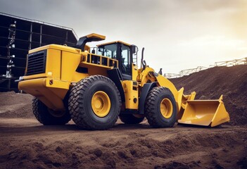 'yellow large loader land wheel piece cut aligns building new may space wallpaper banner copy tractor bulldozer rtied levelling earth mover machine construction shoveling'