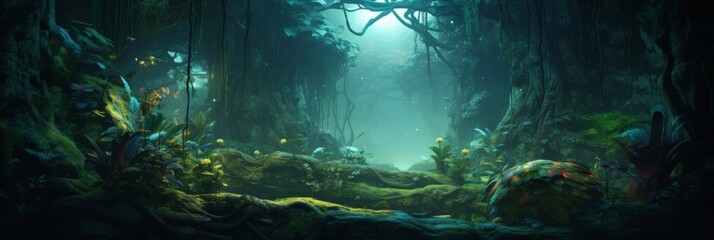 Magical Jungle Landscape With Vibrant Flora And Mystical Atmosphere. Mystical Forest With Lush Vegetation. Generative AI