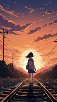 Girl on Railway Tracks in Sunset, Lofi anime-style 4k animation video