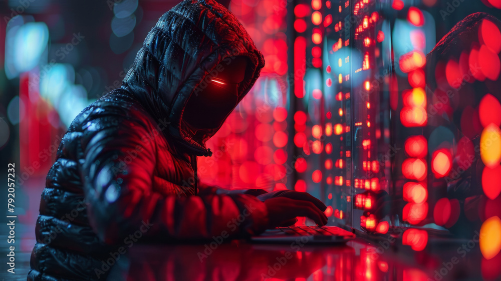 Poster hooded hacker typing in red neon cyber space - mysterious figure in a hood coding in a dark ambiance