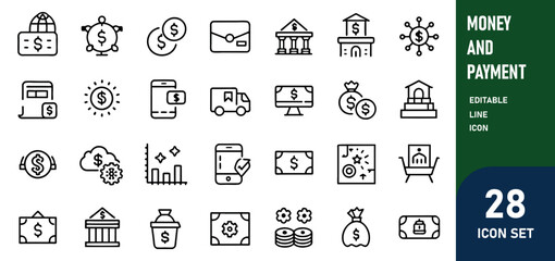 Money and Payment Line Editable Icons set. Vector illustration in modern thin line style of money and finance operations currency exchange, savings, operations with bank cards