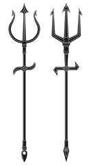 Two types of drawings of mystical tridents in black silhouette outlines with representation in icons and editable lines. high quality image