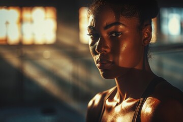 Female boxer in the ring after an intensive training session. - Powered by Adobe