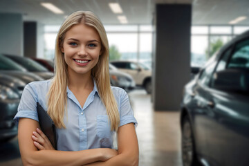 A girl, a car sales manager at a car dealership.A beautiful girl, blonde with blue eyes.