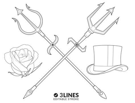 Symbolism of mystical tridents in outline silhouettes on a white background and outline of editable lines with a top hat and flower as an art composition. high quality image.