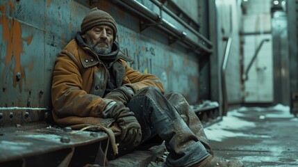 Fototapeta premium Poor homeless man sitting on a rusty train in an industrial area.