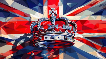 The minimalist, colorful graphic interpretation of a British crown against the background of a stylized UK flag.