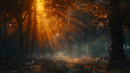 An evocative portrayal of a twilight scene in the heart of a dark forest, where the warm glow of the setting sun filters through the branches, illuminating the forest floor with an otherworldly light