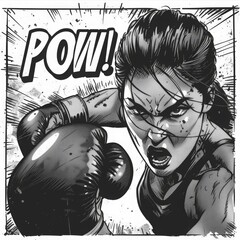 High-contrast black and white drawing of a female boxer.