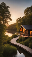 Cozy house by the lake against the backdrop of sunset