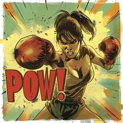Colorful cartoon female boxer with POW! effect.