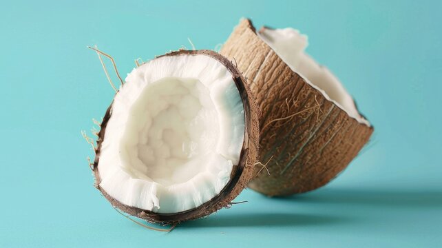 Fresh coconut halves on pastel background - The image displays a coconut cut into two halves, vibrant against the pastel blue background, depicting freshness and tropical vibes