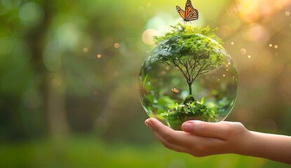 Screenshot of a stock photo in the style of stock photography, showing a hand holding a green tree growing on a globe with a butterfly above it, against a green background,