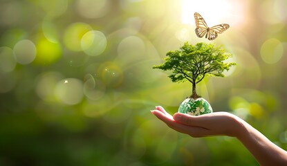 Screenshot of a stock photo in the style of stock photography, showing a hand holding a green tree growing on a globe with a butterfly above it, against a green background, - obrazy, fototapety, plakaty