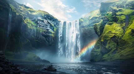 A majestic waterfall plunging into a deep gorge below, with mist rising from the cascading waters...