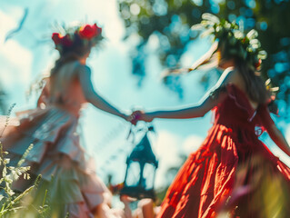 Obraz premium A Midsummer dream: Dancing under the golden light, with flowers in our hair.