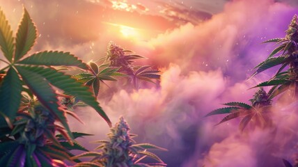 Cannabis Plants at Sunset - Lush cannabis plants with vibrant leaves under a stunning sunset sky.