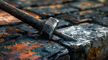 An immersive image of a brick hammer striking a chisel against a weathered brick, depicting the timeless artistry of brickwork in stunning 4K realism.