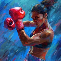 Dynamic female boxer in vibrant digital art.