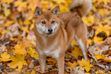 A Shiba Inu dog standing on autumn leaves in the park