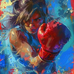 This digital painting depicts a female boxer in a defensive position surrounded by a storm of vibrant, dynamic colors.