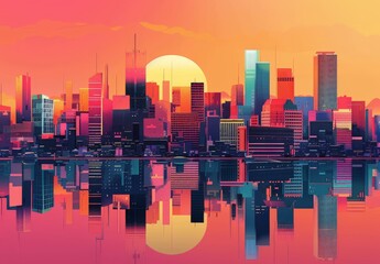 Craft vibrant minimalist cityscapes with geometric shapes and bold hues.