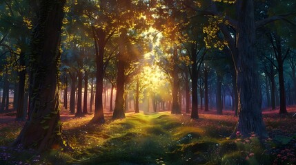 An immersive image of a secluded forest clearing at sunset, where the vibrant colors of the sky contrast with the deep shadows of the surrounding trees, 