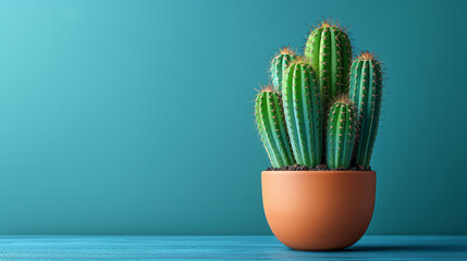 Cactus in a pot standing on a table top, front view setting with a space for a text