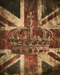 An ancient image of a classic British crown, presented against the contemporary backdrop of a worn British flag.