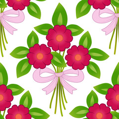 Bouquet of three red flowers and pink ribbon. Spring red flowers and green leaves. Bright summer bouquet diagonal seamless pattern. Floral ornament. Holiday design of flowers. Printable home decor