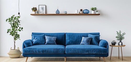 Modern living room interior with a blue sofa and wooden shelf on a white wall