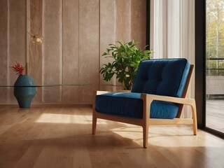 Cobalt Armchair with Coral Plant in Sunlit Room with Beige Wall and Maple Parquet Flooring