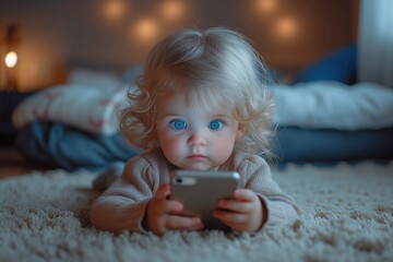 Small child playing on a smartphone on the floor