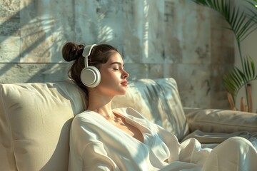 Young woman with headphones relaxed on a sofa during the day