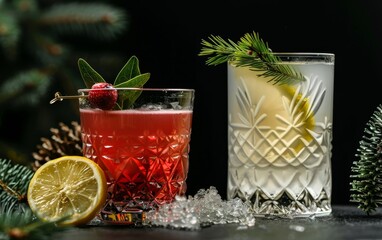 Red and white cocktails on a black background. Generative AI