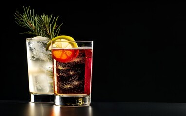 Red and white cocktails on a black background. Generative AI