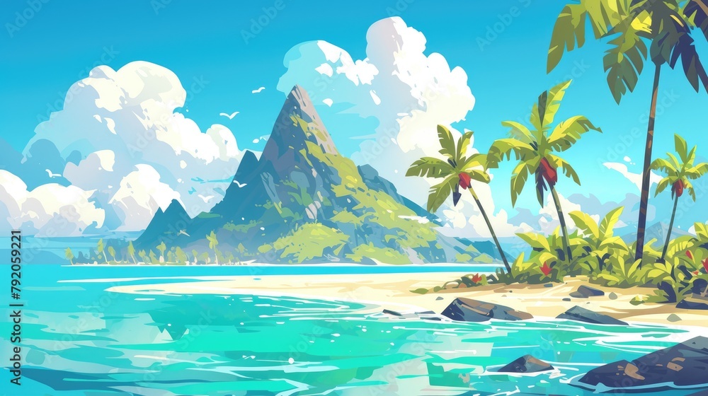 Poster A vibrant cartoon illustration of a tropical volcanic island set in the sea featuring lush palm tree forests and surrounded by crystal clear ocean waters This picturesque paradise exudes the