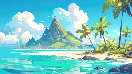 Fototapeta na wymiar A vibrant cartoon illustration of a tropical volcanic island set in the sea featuring lush palm tree forests and surrounded by crystal clear ocean waters This picturesque paradise exudes the