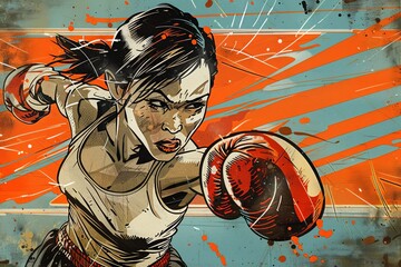 Colorful cartoon female boxer.