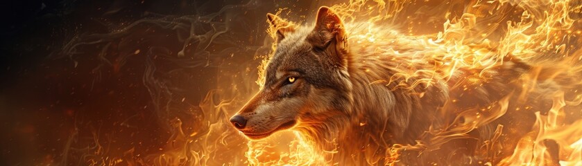 Intense illustration of a fiery wolf in dynamic flames - obrazy, fototapety, plakaty