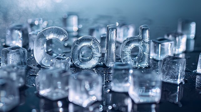 Illustrative design with the word "Cold" in ice cubes. Conceptual art of ice cubes forming the word "Cold" on dark background.