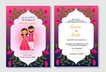 Set of Indian Wedding Invitation Cards featuring adorable Bride and Groom, adorned with floral decorations - Vector Illustration