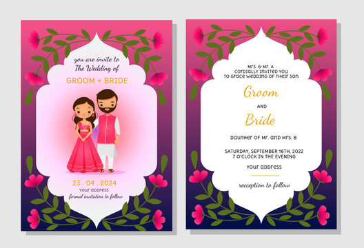 Set of Indian Wedding Invitation Cards featuring adorable Bride and Groom, adorned with floral decorations - Vector Illustration